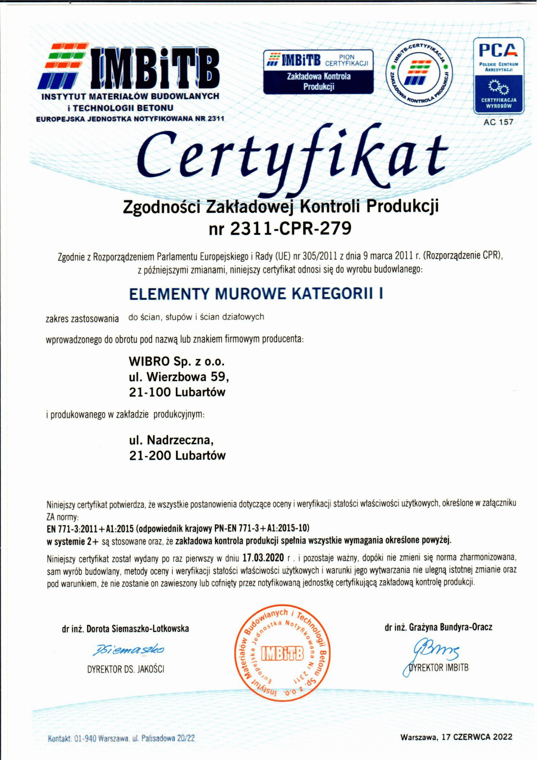 ZKP Certyfikat Elementy Murowe