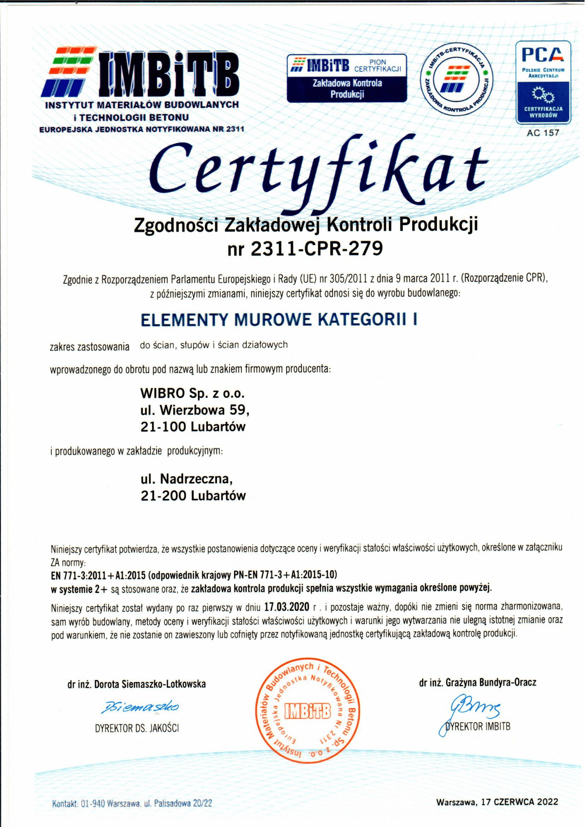 ZKP Certyfikat Elementy Murowe